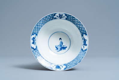 A Chinese blue and white klapmuts bowl with a battle scene, Chenghua mark, Kangxi