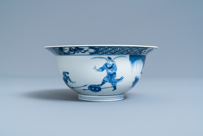 A Chinese blue and white klapmuts bowl with a battle scene, Chenghua mark, Kangxi
