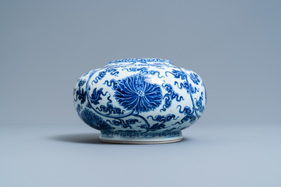 A Chinese blue and white lotus scroll vase, Xuande mark, Kangxi