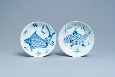 Four Chinese blue and white 'carps and shrimps' dishes, Dehua, 18/19th C.