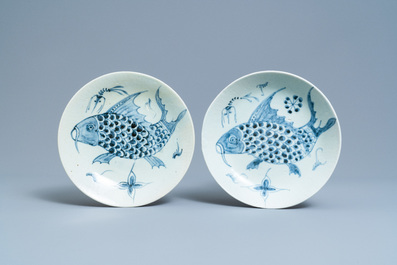 Four Chinese blue and white 'carps and shrimps' dishes, Dehua, 18/19th C.