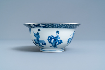 A Chinese blue and white klapmuts bowl with a battle scene, Chenghua mark, Kangxi
