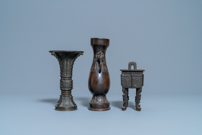 Two Chinese archaic bronze vases and a censer, 18/19th C.