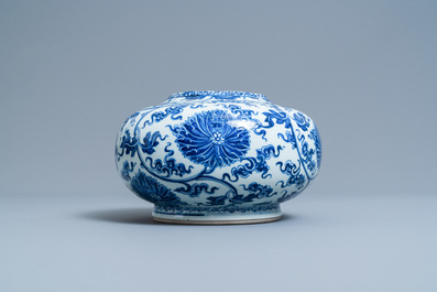 A Chinese blue and white lotus scroll vase, Xuande mark, Kangxi