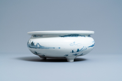 A Chinese blue and white tripod censer with a landscape, Dehua, Kangxi