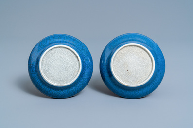 A pair of Chinese monochrome blue crackle-ground plates, Jiaqing