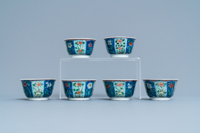 Six Chinese famille verte cups and saucers, Kangxi