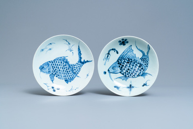 Four Chinese blue and white 'carps and shrimps' dishes, Dehua, 18/19th C.