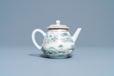 A Chinese famille rose teapot with a fine mountainous landscape, Yongzheng
