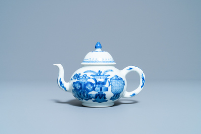 A Chinese blue and white teapot and cover with antiquities, Jiajing mark, Kangxi