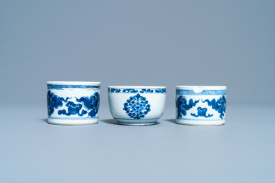 Two Chinese blue and white pounce pots and a bowl, Kangxi