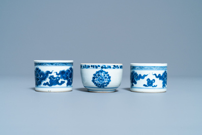 Two Chinese blue and white pounce pots and a bowl, Kangxi