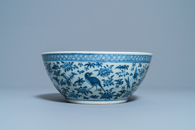 Two Chinese qianjiang cai hat stands and a blue and white bowl, 19/20th C.
