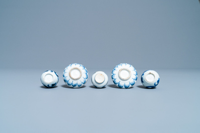 Five Chinese blue and white miniature vases, Kangxi