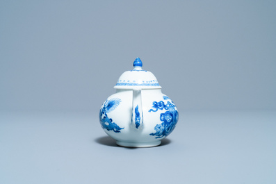 A Chinese blue and white teapot and cover with antiquities, Jiajing mark, Kangxi