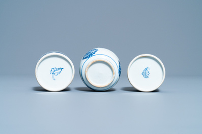 Two Chinese blue and white pounce pots and a bowl, Kangxi