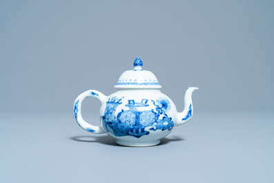 A Chinese blue and white teapot and cover with antiquities, Jiajing mark, Kangxi
