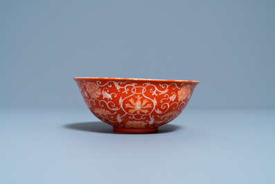 A Chinese coral red-ground bowl, Daoguang mark, Republic