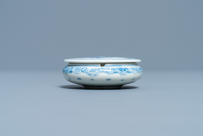 A rare Chinese blue and white 'erotical subject' box and cover, Kangxi