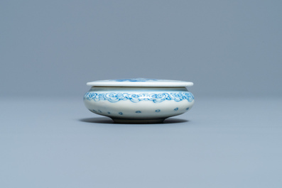 A rare Chinese blue and white 'erotical subject' box and cover, Kangxi