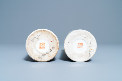 Two Chinese qianjiang cai hat stands and a blue and white bowl, 19/20th C.