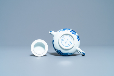 A Chinese blue and white teapot and cover with antiquities, Jiajing mark, Kangxi
