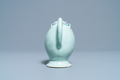 A Chinese copper red and blue celadon-ground peach-shaped cadogan teapot, 18/19th C.