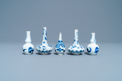 Five Chinese blue and white miniature vases, Kangxi