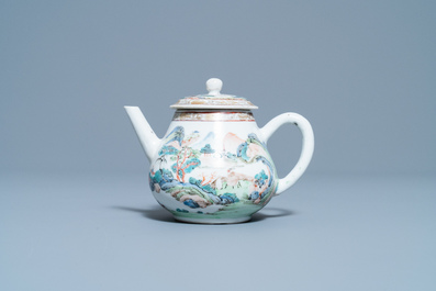 A Chinese famille rose teapot with a fine mountainous landscape, Yongzheng