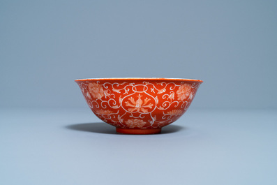 A Chinese coral red-ground bowl, Daoguang mark, Republic