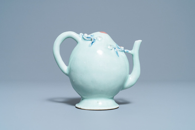 A Chinese copper red and blue celadon-ground peach-shaped cadogan teapot, 18/19th C.
