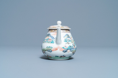 A Chinese famille rose teapot with a fine mountainous landscape, Yongzheng