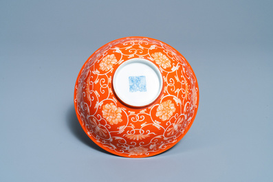 A Chinese coral red-ground bowl, Daoguang mark, Republic