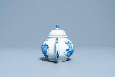 A Chinese blue and white teapot and cover with antiquities, Jiajing mark, Kangxi