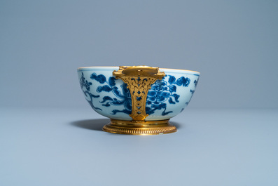 A Chinese blue and white Augsburg gilt-mounted bowl, ex- coll. August the Strong, Kangxi