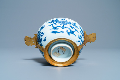A Chinese blue and white Augsburg gilt-mounted bowl, ex- coll. August the Strong, Kangxi