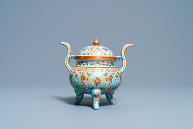 A Chinese famille rose turquoise-ground censer and cover, Republic