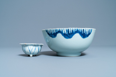 A Chinese blue and white 'phoenix' dish, a 'crab' bowl and a lotus-shaped bowl, Kangxi