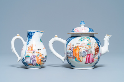 A Chinese famille rose 'Mandarin' teapot and milk jug, Qianlong