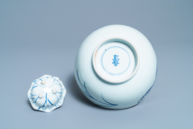 A Chinese blue and white 'phoenix' dish, a 'crab' bowl and a lotus-shaped bowl, Kangxi