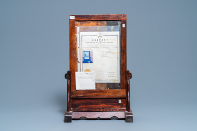 A Chinese wooden table screen with qianjiang cai plaque, 19/20th C.