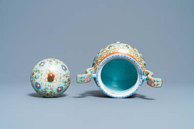A Chinese famille rose turquoise-ground censer and cover, Republic