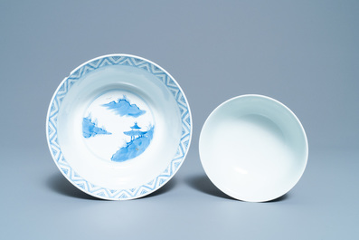 Two Chinese blue and white bowls and a plate, 19th C. and Kangxi