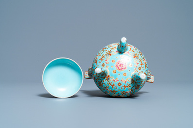 A Chinese famille rose turquoise-ground censer and cover, Republic