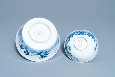 Two Chinese blue and white bowls and a plate, 19th C. and Kangxi