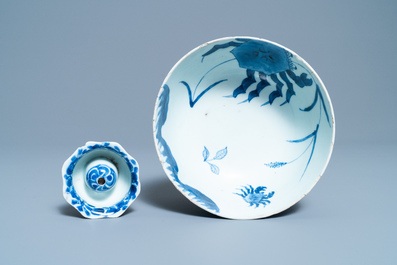 A Chinese blue and white 'phoenix' dish, a 'crab' bowl and a lotus-shaped bowl, Kangxi