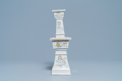 A square Chinese qianjiang cai 'antiquities' candlestick, 19th C.