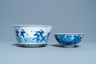 Two Chinese blue and white bowls and a plate, 19th C. and Kangxi