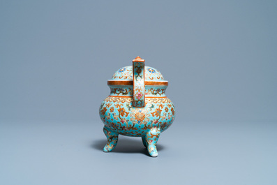 A Chinese famille rose turquoise-ground censer and cover, Republic