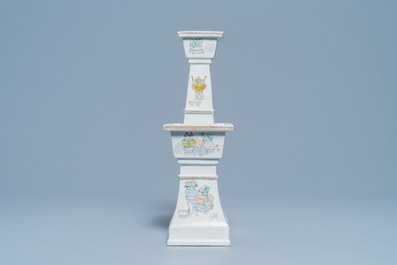 A square Chinese qianjiang cai 'antiquities' candlestick, 19th C.